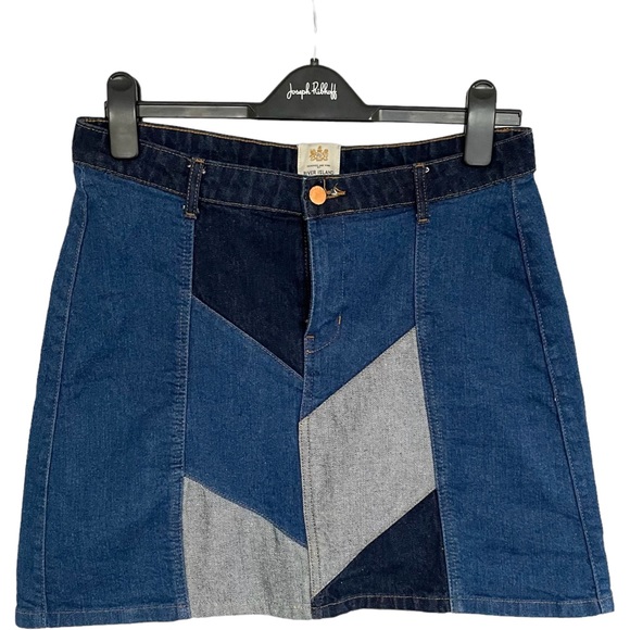 RIVER ISLAND Y2K Size 12 Mini Short Skirt Denim Patchwork Blue Mix - Picture 3 of 6
